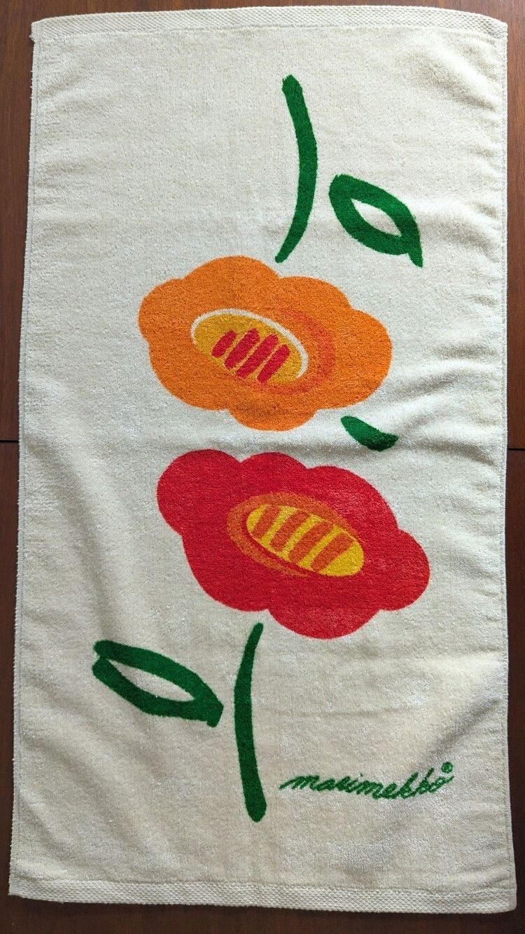 Rare Vintage 70s Marimekko Hand Towel MCM Orange Yellow Floral Pristine Soft USA